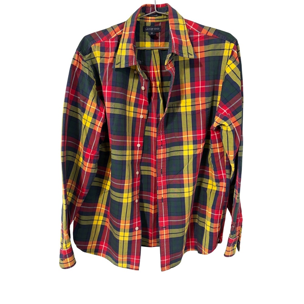 Lands' End Sail Rigger Oxford Shirt Men's Medium 15-15.5 Multicolor Plaid Cotton